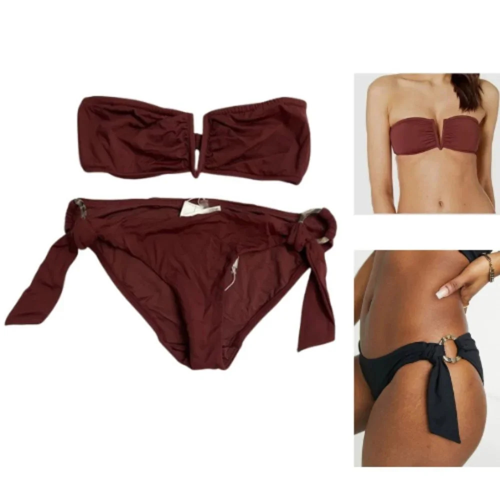 New! Seafolly Brown Bikini Set V-Wire Bandeau Bikini Top And O-Ring Side Bottom